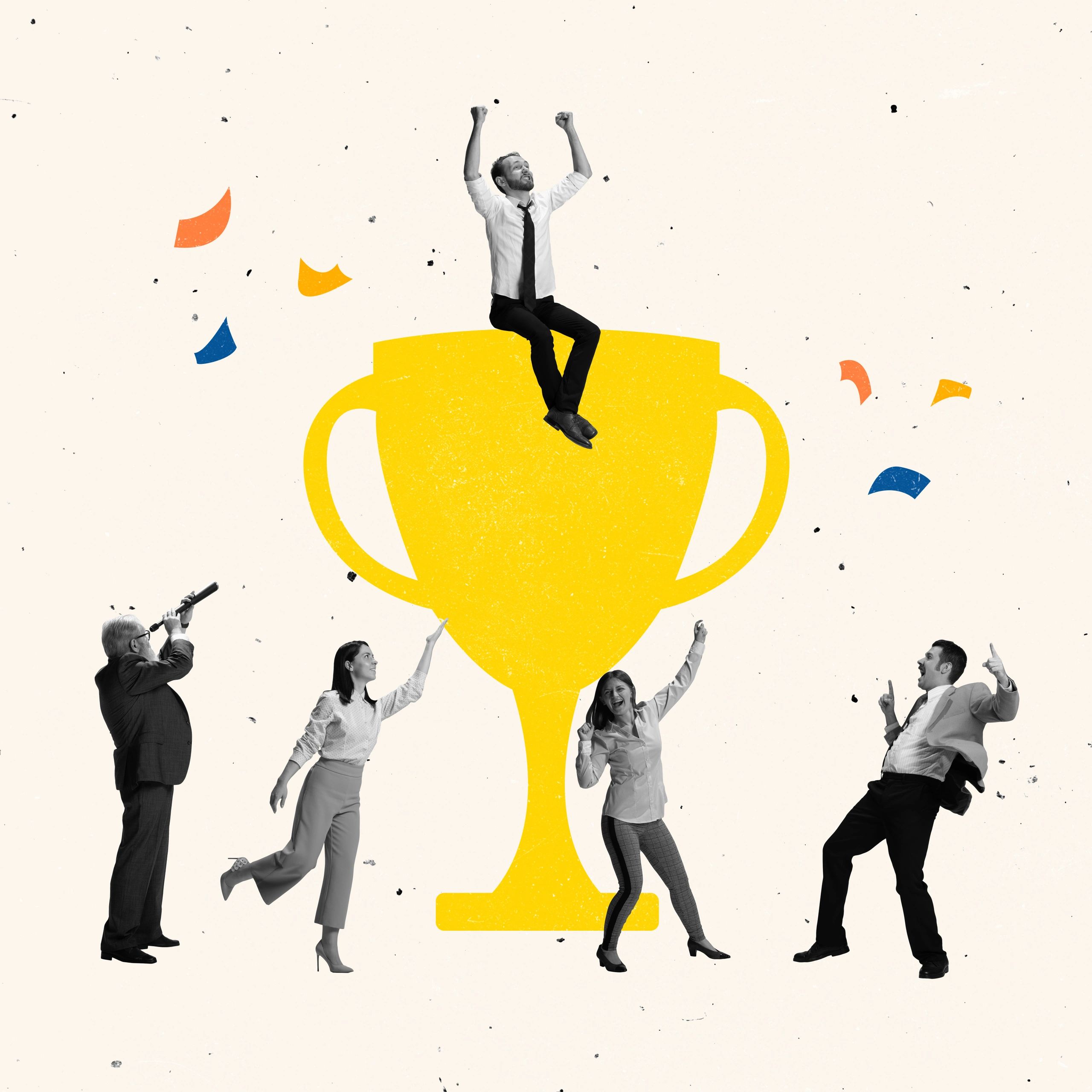 Colorful 1960s-inspired illustration of diverse team members with playful stats props